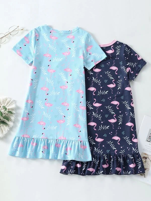 SHEIN Kids QTFun Toddler Girls 2pcs Flamingo Print Ruffle Hem Sleep Dress