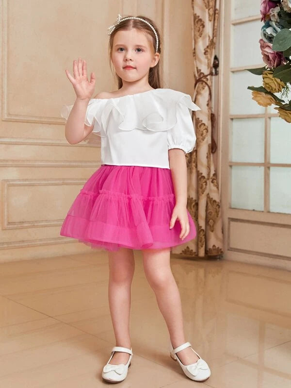 Toddler Girls One Shoulder Ruffle Trim Puff Sleeve Blouse