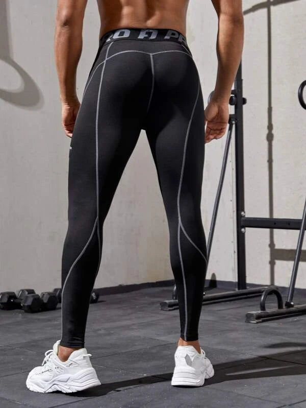 Men Reflective Letter Graphic Topstitching Sports Tights