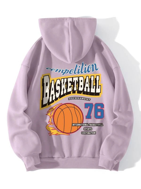 SHEIN EZwear Basketball & Letter Graphic Drawstring Thermal Hoodie