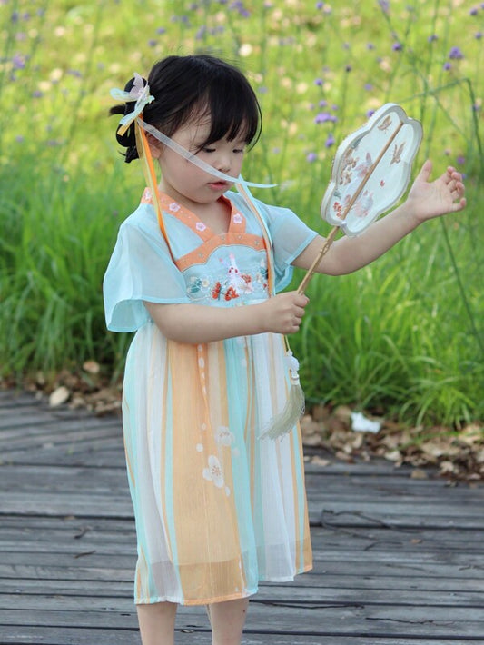 Young Girls' Cute Chinese-style Embroidered Short Sleeve Hanfu Dress For Casual, Photography & Festival Wear In Summer