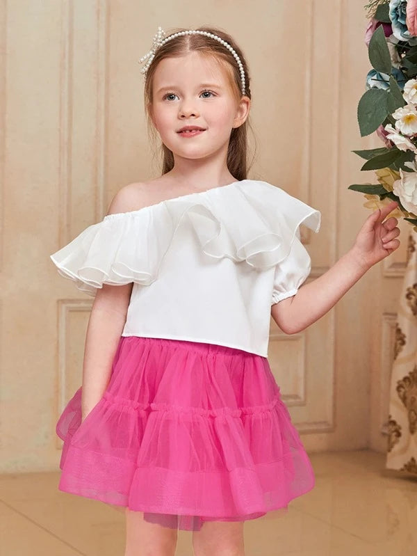 Toddler Girls One Shoulder Ruffle Trim Puff Sleeve Blouse