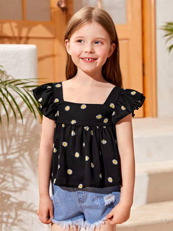 SHEIN Toddler Girls Daisy Floral Ruffle Trim Peplum Blouse