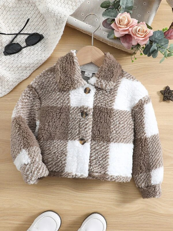 SHEIN Kids EVRYDAY Toddler Girls Buffalo Plaid Print Drop Shoulder Teddy Jacket