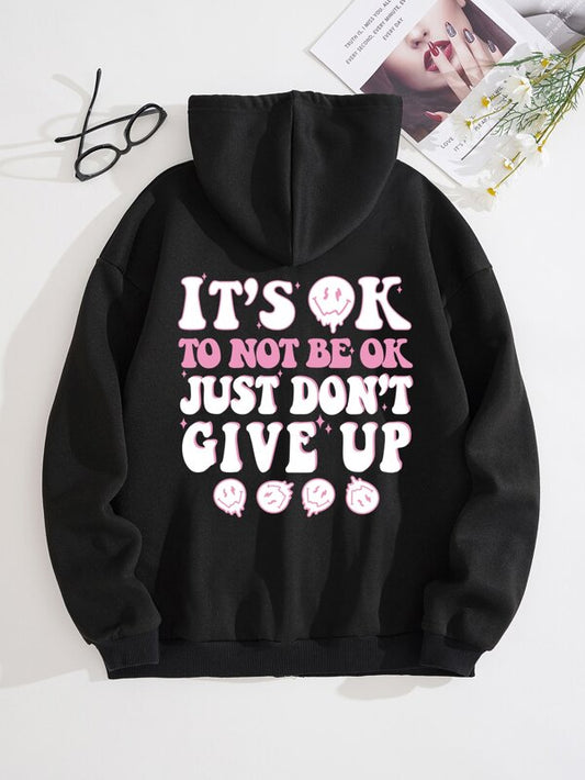 SHEIN EZwear Slogan Graphic Zip Up Drawstring Thermal Lined Hoodie