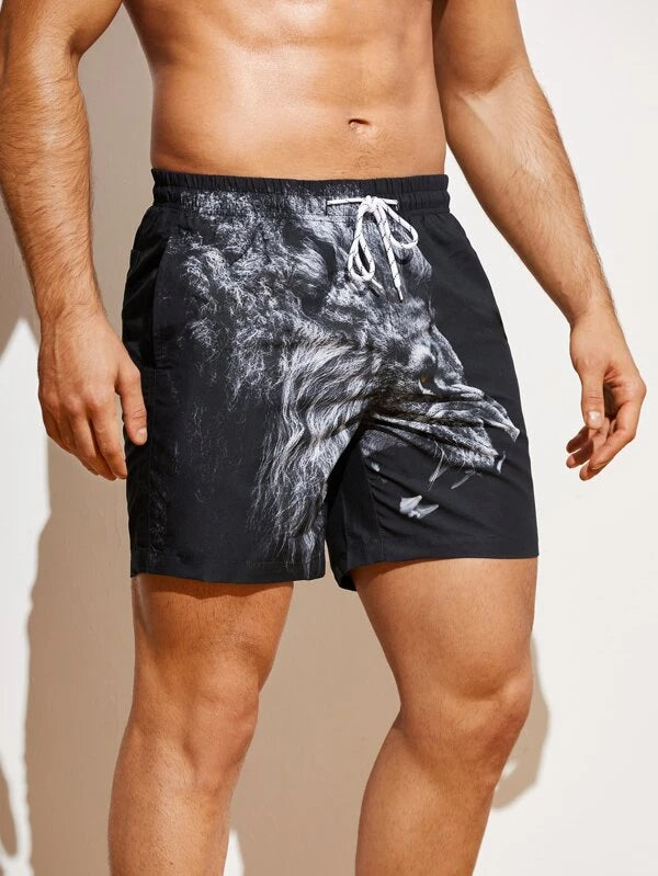 Men 3D Lion Print Drawstring Waist Swim Trunks