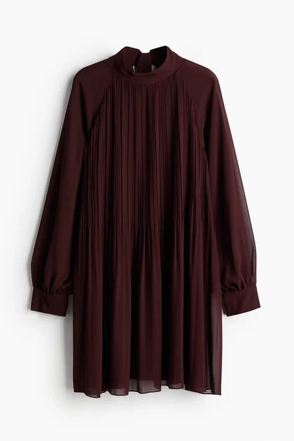 Tie-neck plissé dress