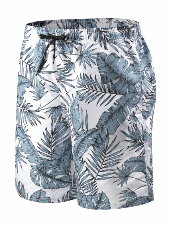 Men Tropical Print Drawstring Waist Swim Trunks