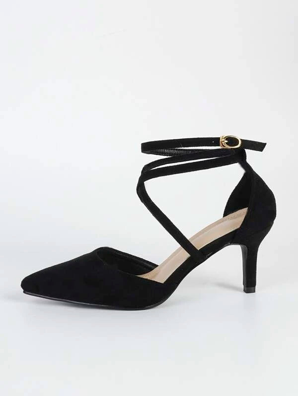 Criss Cross Point Toe Stiletto Heeled Ankle Strap Pumps