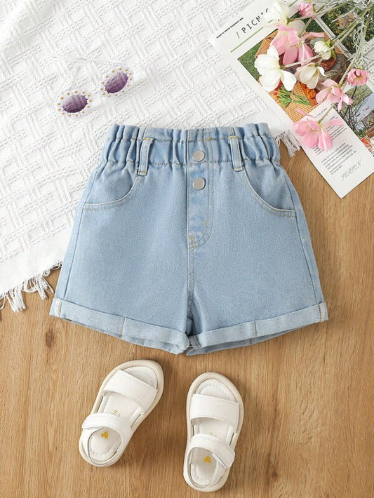 Toddler Girls Paperbag Waist Roll Up Hem Denim Shorts