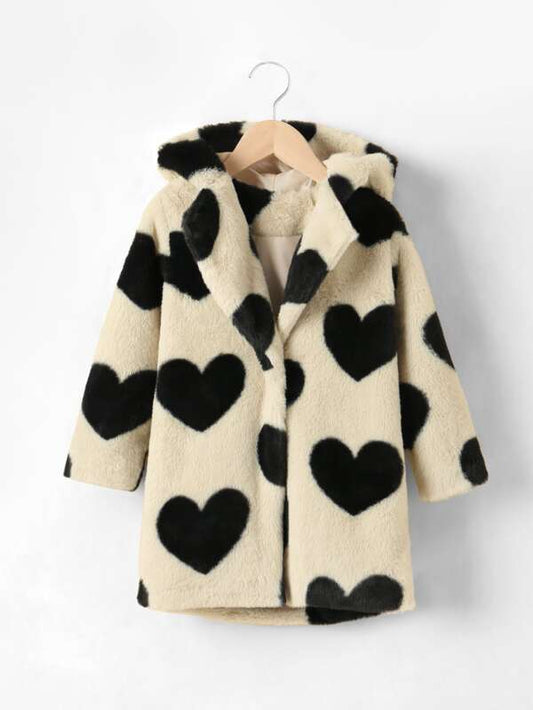 SHEIN Kids EVRYDAY Toddler Girls Heart Pattern Hooded Teddy Coat