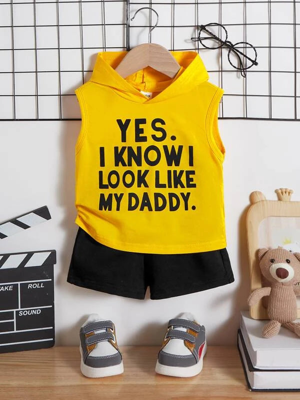 SHEIN Baby Slogan Graphic Hooded Tank Top & Shorts