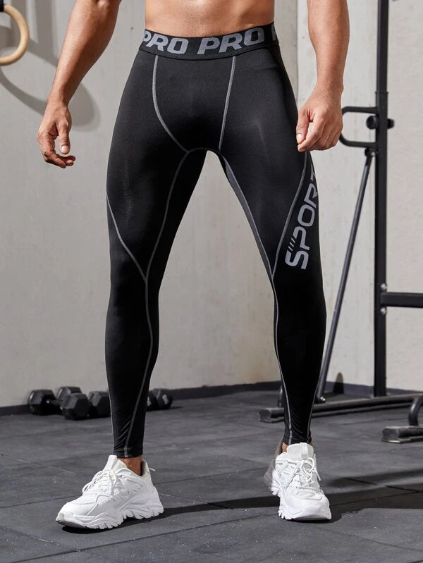 Men Reflective Letter Graphic Topstitching Sports Tights