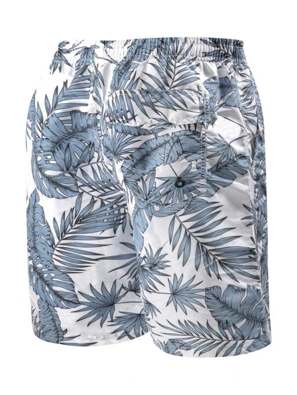 Men Tropical Print Drawstring Waist Swim Trunks