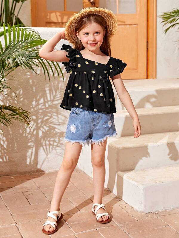 SHEIN Toddler Girls Daisy Floral Ruffle Trim Peplum Blouse