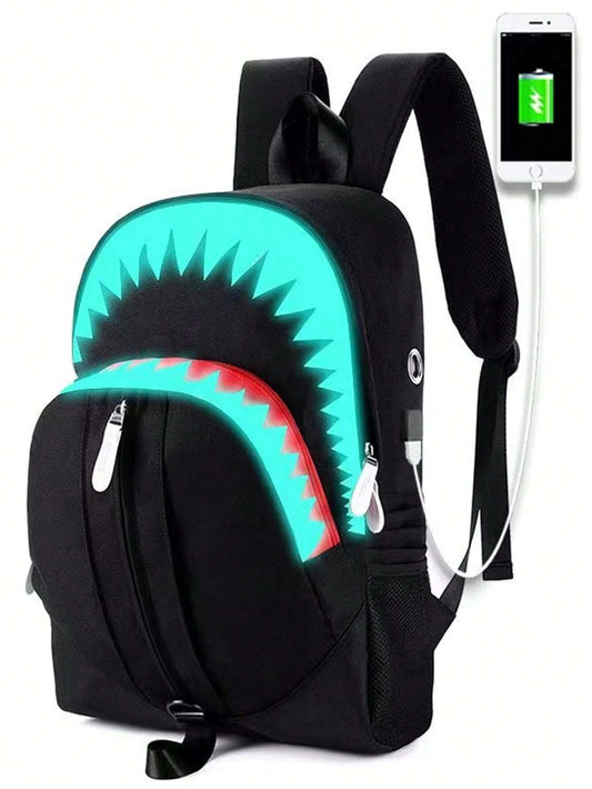 Luminous Backpack Boys Shark Backpack Waterproof Backpack Student School Bag With USB Charging Port