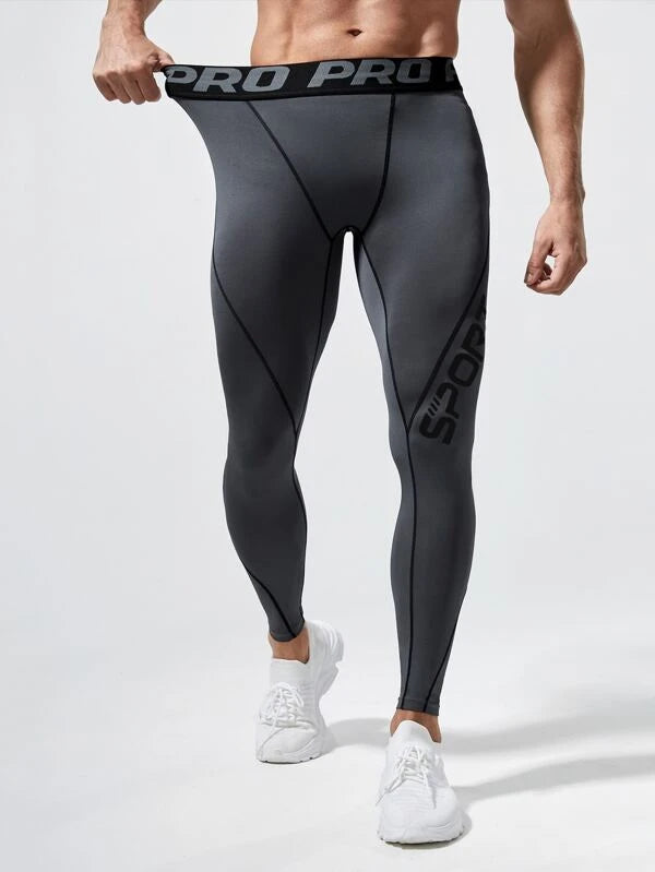 Men Reflective Letter Graphic Topstitching Sports Tights