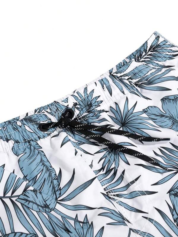 Men Tropical Print Drawstring Waist Swim Trunks