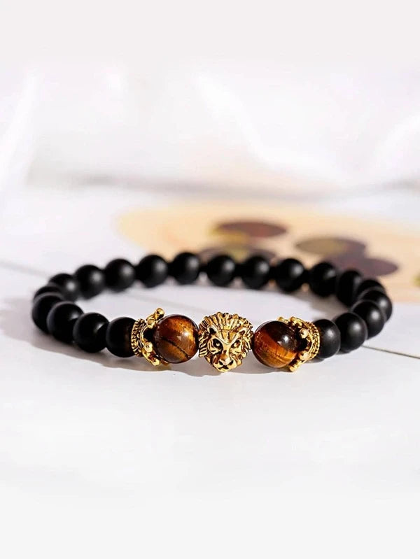 Men Lion Head Decor Beaded Bracelet, For Jewelry Gift And Party