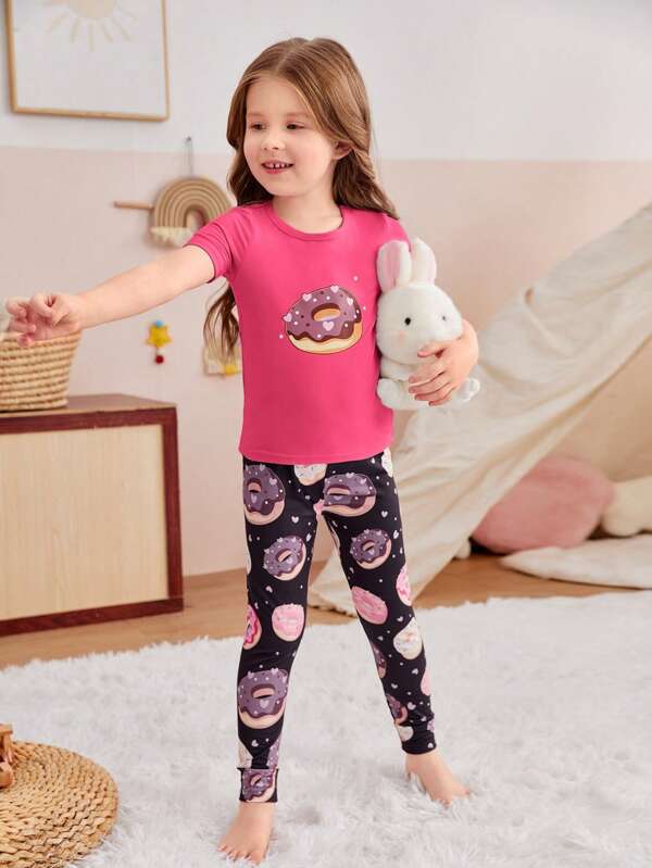 SHEIN Kids EVRYDAY Toddler Girls Donut Print Snug Fit PJ Set