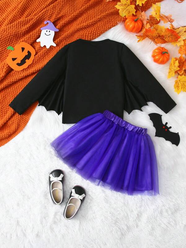 Young Girls' Cute Pumpkin Printed Mesh Purple High Waist Skirt With Batwing Sleeve Top Halloween Outfits 2pcs/set