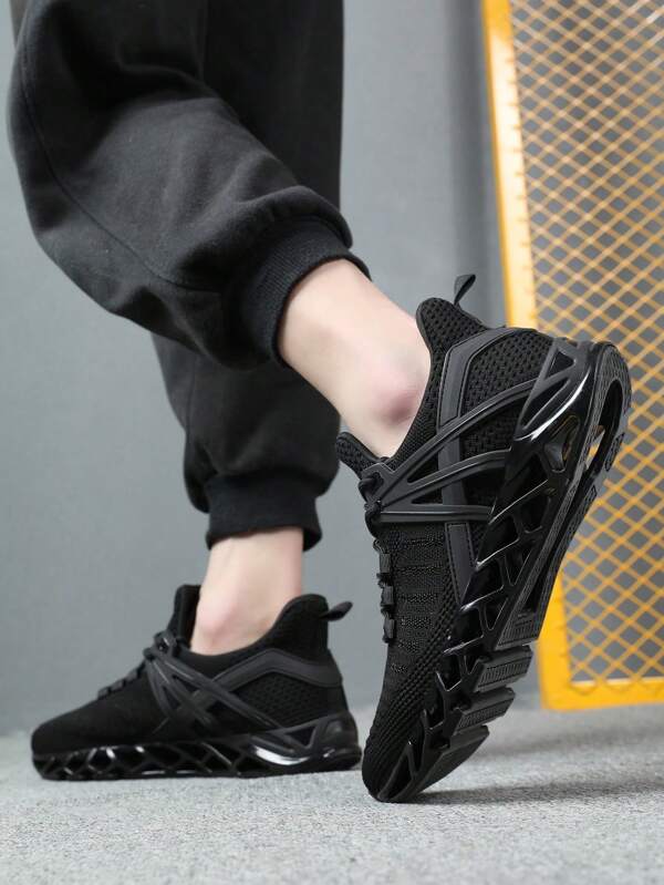 Sporty Black Running Shoes For Men, Patch Decor Lace Up Sneakers