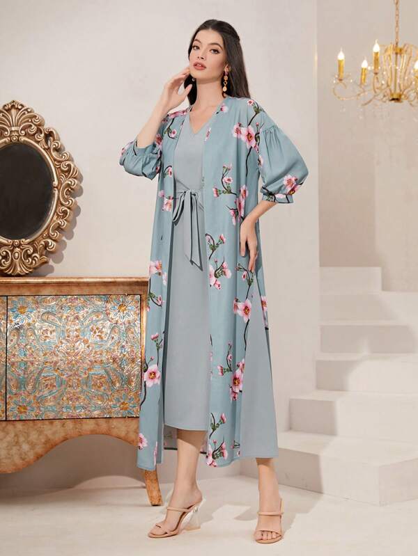 SHEIN Najma Floral Print Belted Abaya Set