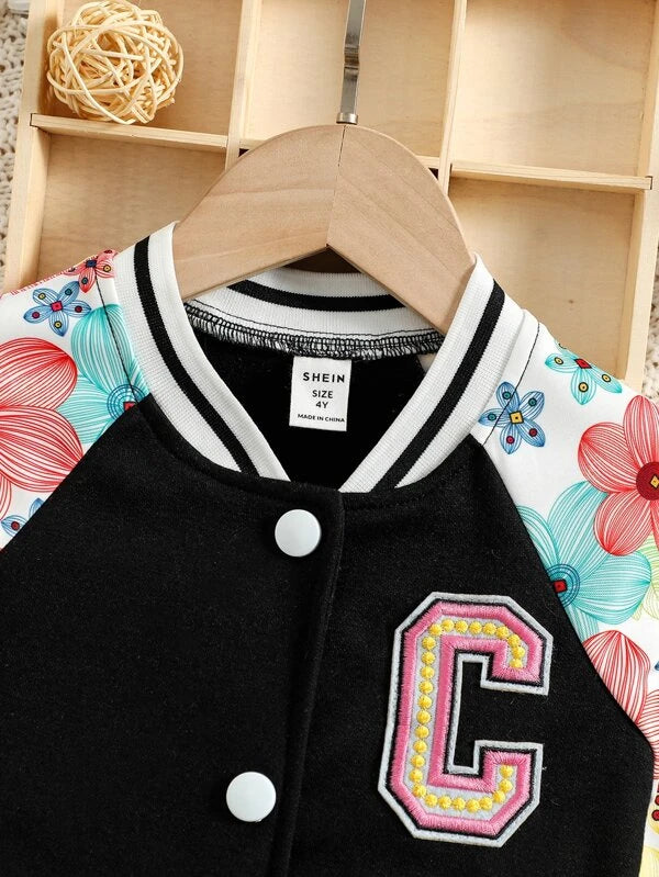 Toddler Girls Floral Print Raglan Sleeve Varsity Jacket