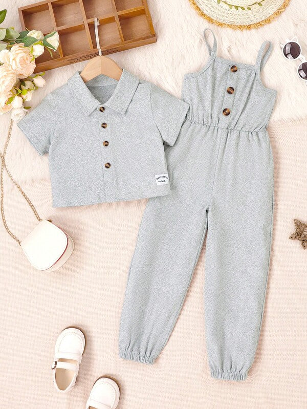 Toddler Girls Letter Patched Detail Shirt & Cami Jumpsuit