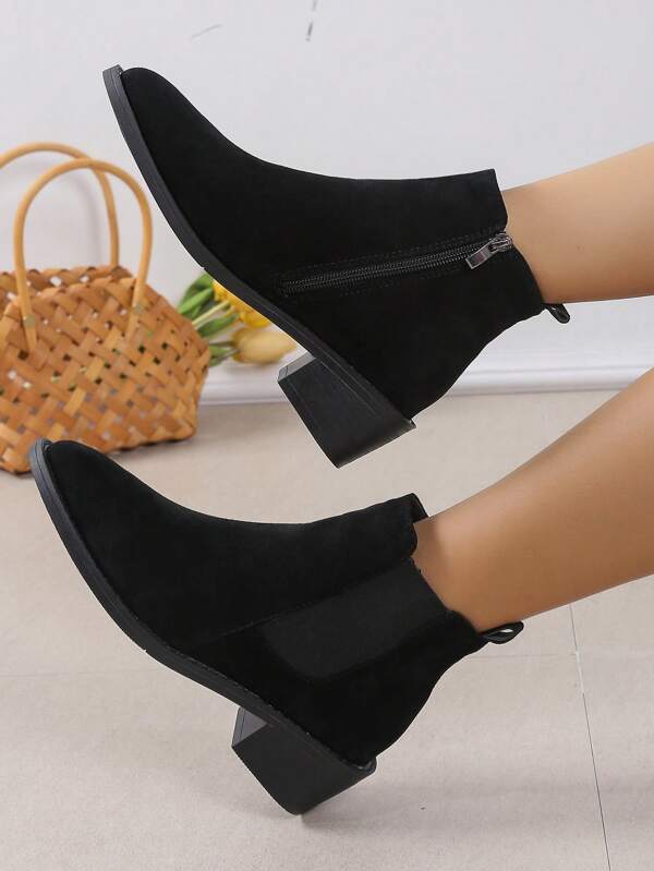 Women's Pointed Toe Fashionable Solid Color Chunky Heel Boots With Side Zipper, Versatile Style