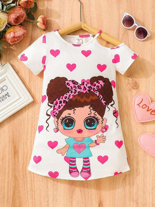 Young Girls' Cute Polka Dot Printed Cut Out Short Sleeve A-line Dress With Doll Printed Pattern For Summer