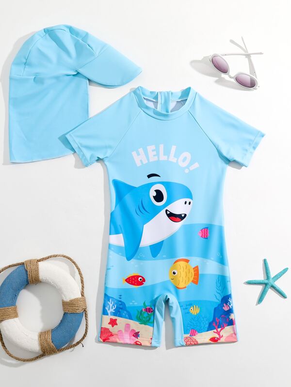 SHEIN Kids QTFun Toddler Boys Cartoon Graphic One Piece Swimsuit With Swim Cap