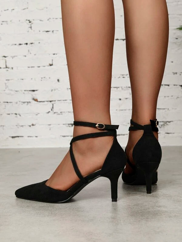 Criss Cross Point Toe Stiletto Heeled Ankle Strap Pumps