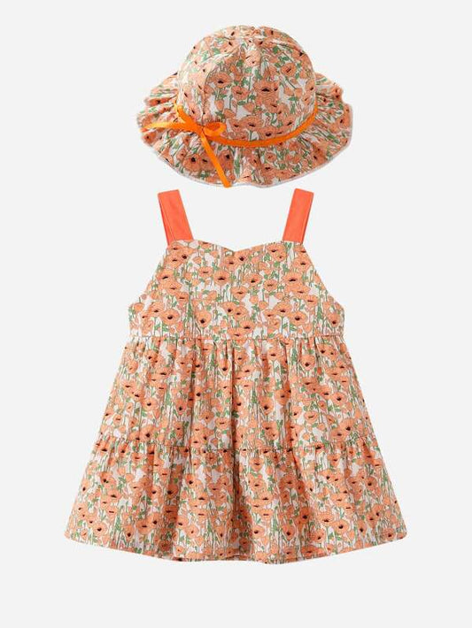 Baby Allover Floral Print Ruffle Hem Cami Dress With Hat