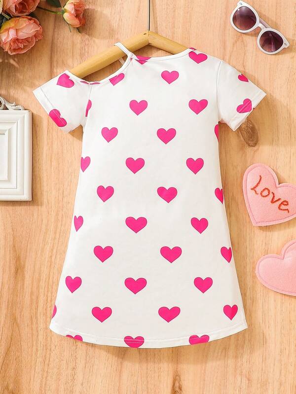 Young Girls' Cute Polka Dot Printed Cut Out Short Sleeve A-line Dress With Doll Printed Pattern For Summer