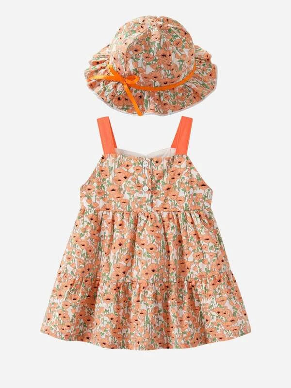 Baby Allover Floral Print Ruffle Hem Cami Dress With Hat