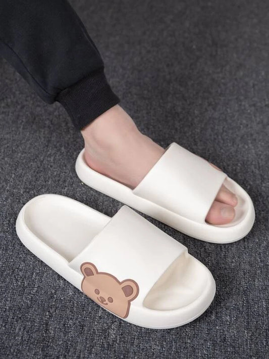 Fashion Beige Slides For Men, Cartoon Bear Graphic Single Band EVA Slippers