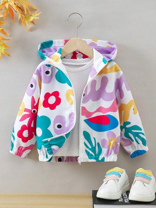 Young Girl Floral Print Zip Up Hooded Jacket Without Tee