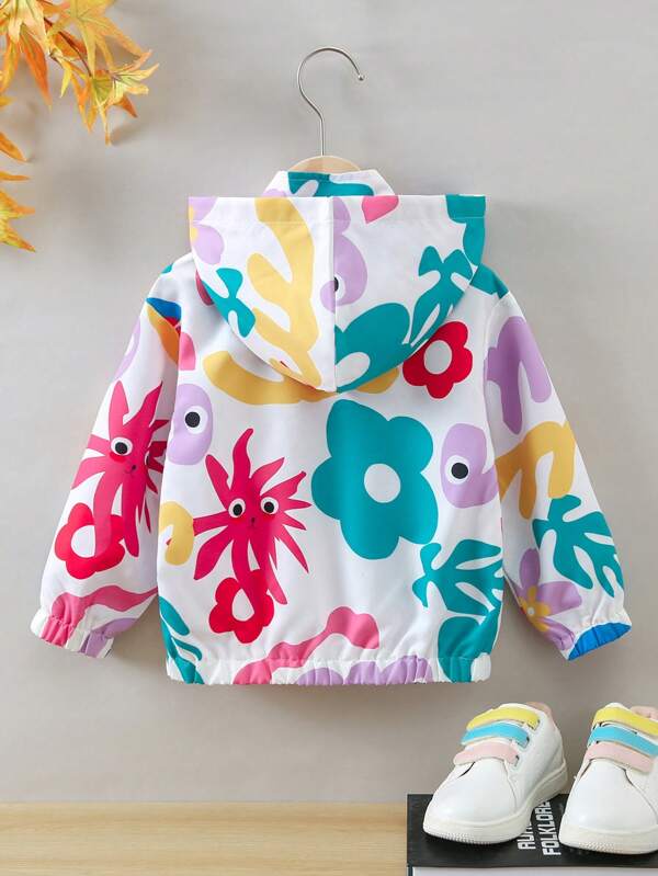 Young Girl Floral Print Zip Up Hooded Jacket Without Tee