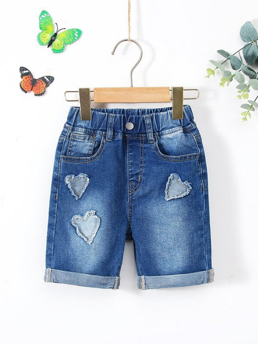 SHEIN Kids EVRYDAY Toddler Girls Heart Pattern Raw Trim Bleach Wash Denim Shorts