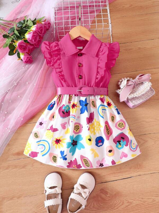 Young Girls' Cute Five-color Small Floral Print Dress With Pink Belt For Summer