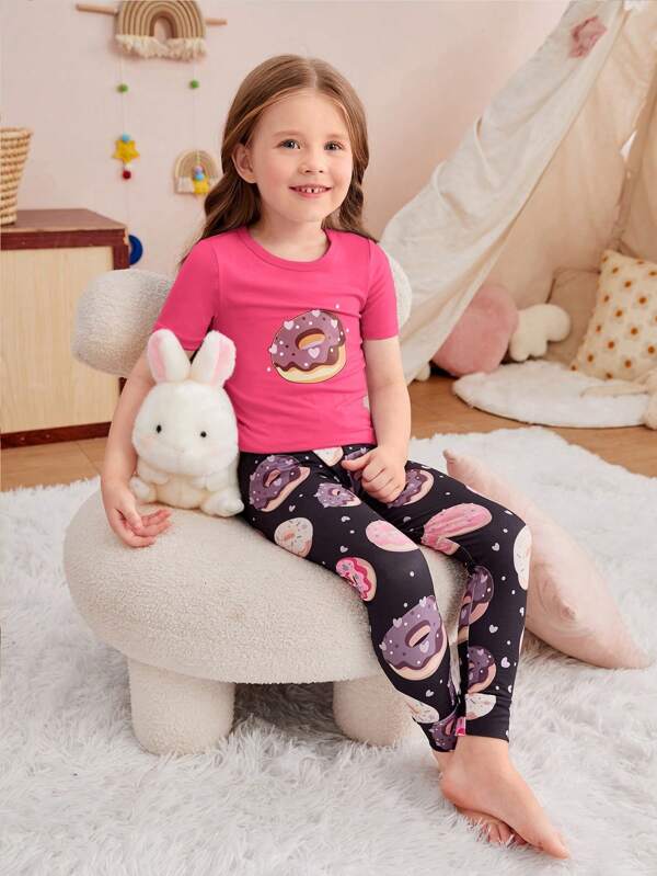 SHEIN Kids EVRYDAY Toddler Girls Donut Print Snug Fit PJ Set