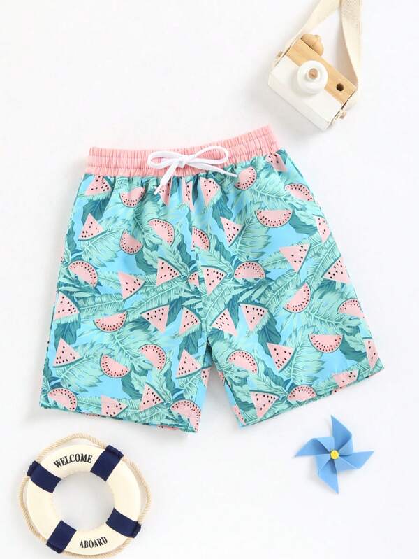 Toddler Boys Tropical Print Drawstring Waist Swim Shorts