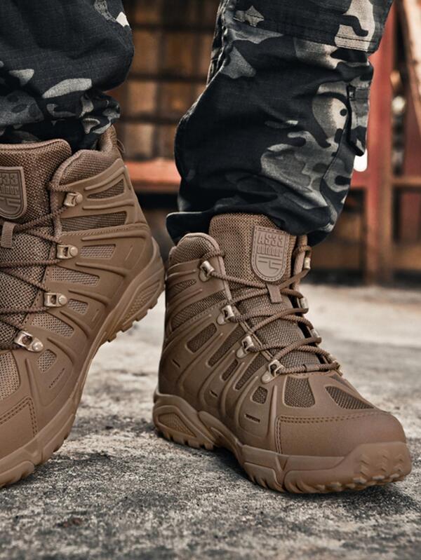 Men Letter Graphic Lace-up Front Hiking Shoes, Sporty Outdoor Ankle Boots