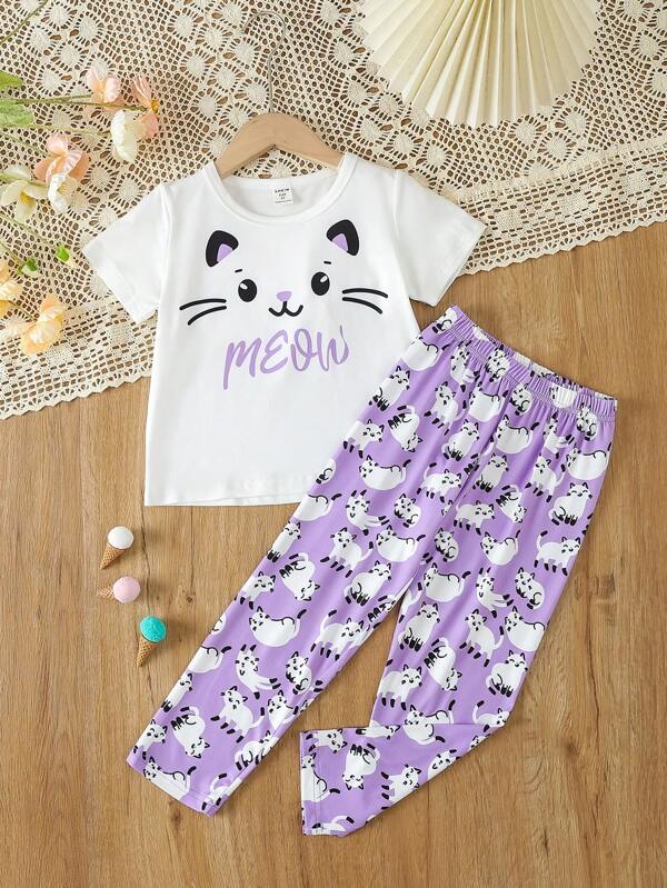 Young Girl Cartoon & Letter Graphic Tee & Pants PJ Set