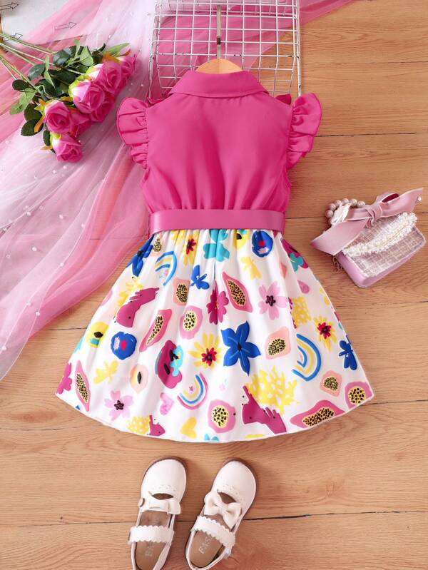 Young Girls' Cute Five-color Small Floral Print Dress With Pink Belt For Summer