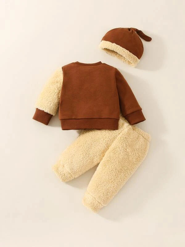 Newborn Baby Cartoon Embroidery 3D Design Fleece Pullover & Pants & Hat