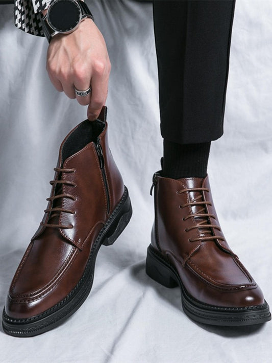 Men Minimalist Side Zipper Lace-up Front Boots, Fashion Boots Brown