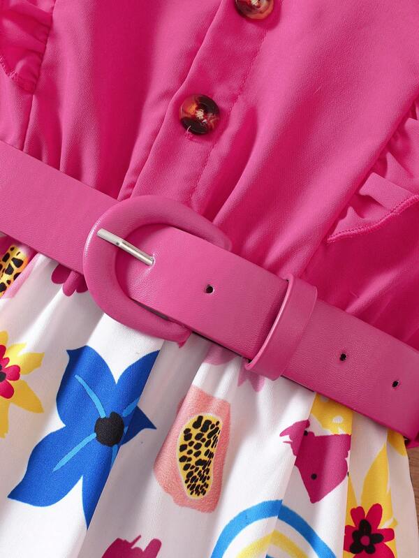 Young Girls' Cute Five-color Small Floral Print Dress With Pink Belt For Summer