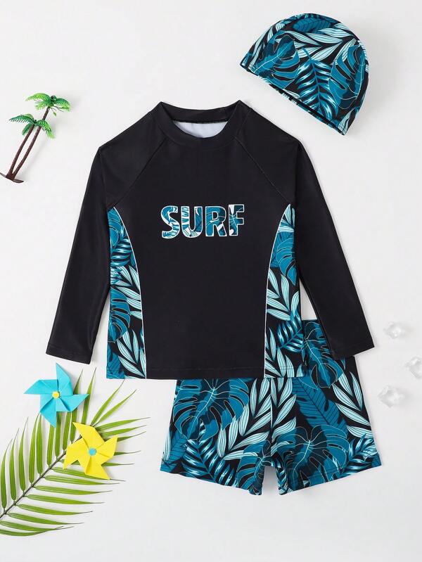 SHEIN Kids SUNSHNE Toddler Boys Tropical Print Beach Swimsuit With Swim Cap